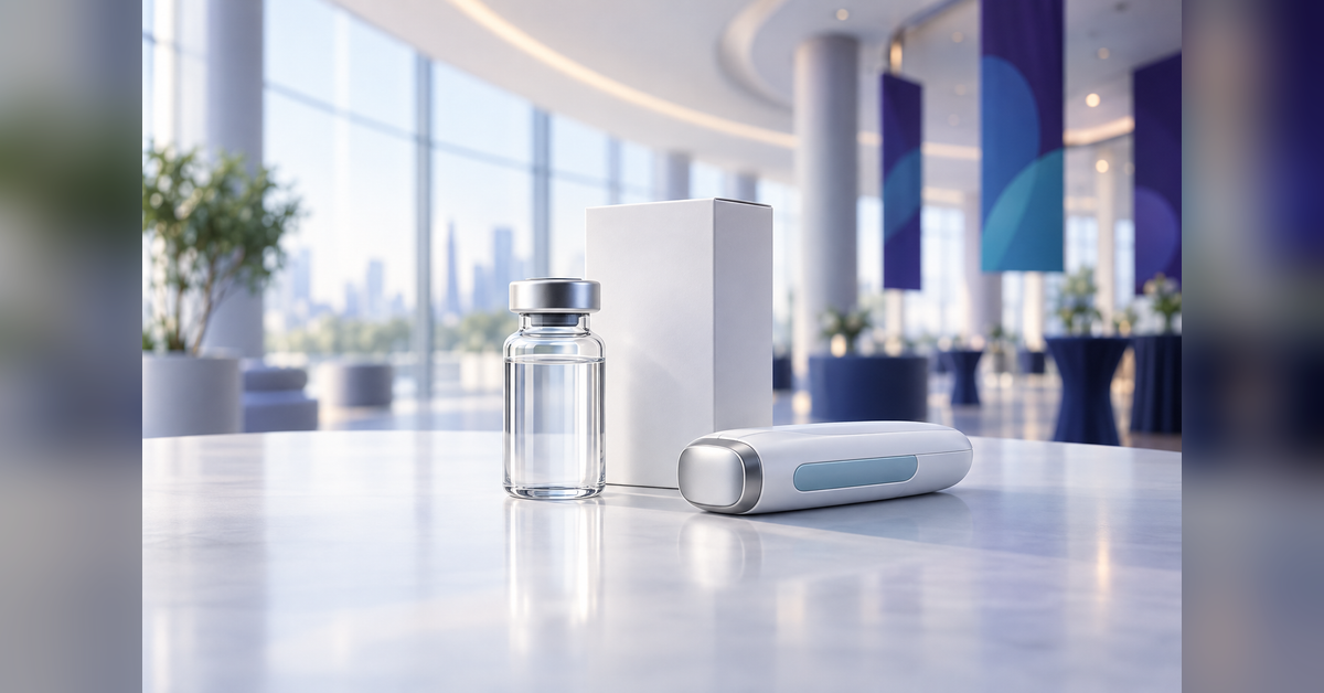 Conceptual pharmaceutical packaging and drug delivery display for the Pharmapack Europe 2027 guide