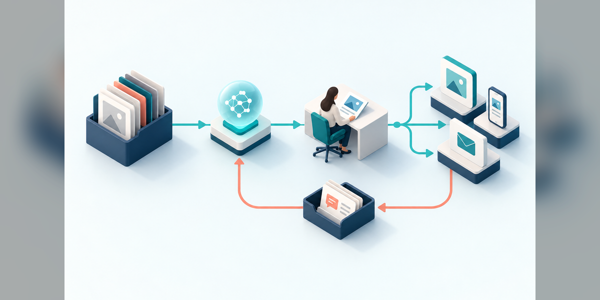Conceptual AI marketing technology stack linking source material, AI assistance, human review, and campaign delivery