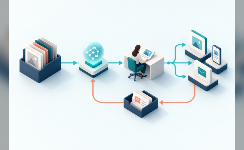 Conceptual AI marketing technology stack linking source material, AI assistance, human review, and campaign delivery