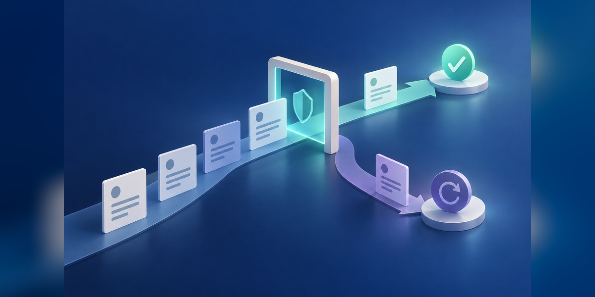 Abstract revenue records passing through permission and approval gates with a separate recovery path