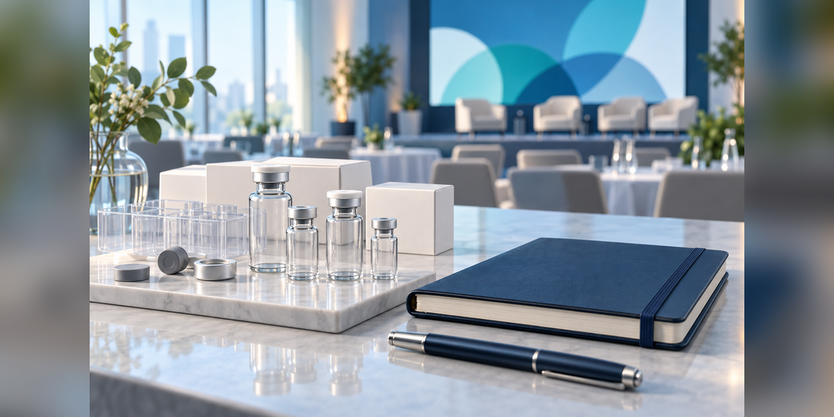 Conceptual pharmaceutical packaging and meeting-planning illustration for the PDA Parenteral Packaging Conference 2027