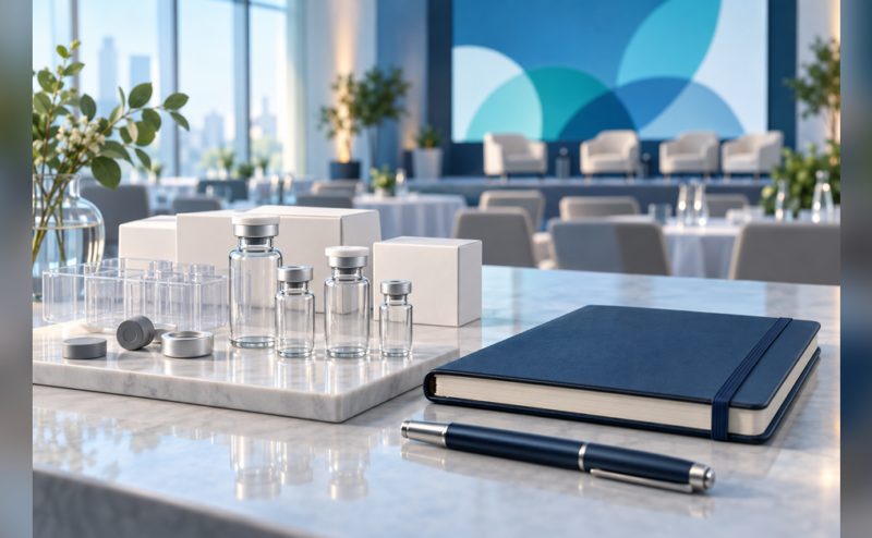 Conceptual pharmaceutical packaging and meeting-planning illustration for the PDA Parenteral Packaging Conference 2027