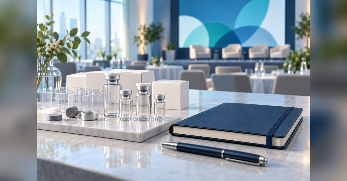 Conceptual pharmaceutical packaging and meeting-planning illustration for the PDA Parenteral Packaging Conference 2027