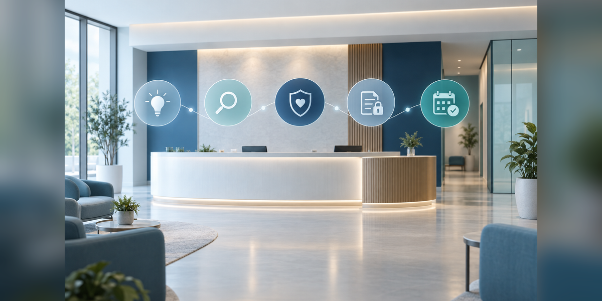 Healthcare lead generation firm decision guide illustrated by a connected path through clinical discovery, trust and appointment access