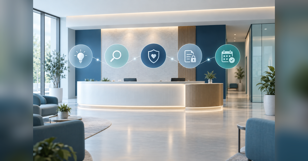Healthcare lead generation firm decision guide illustrated by a connected path through clinical discovery, trust and appointment access