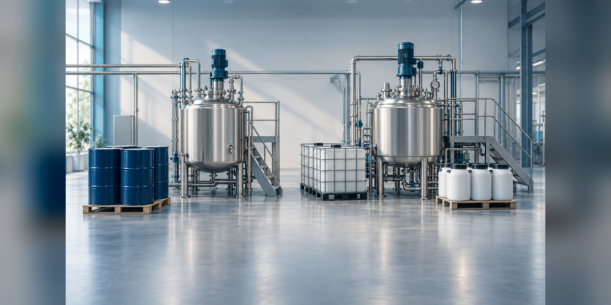 Conceptual toll manufacturing vs contract manufacturing comparison with material containers and chemical processing vessels