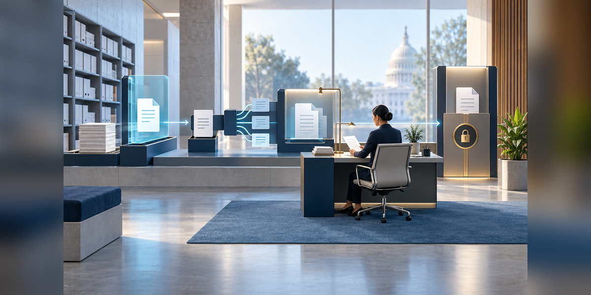 Conceptual illustration of AI agents for government with bounded document workflows and a human approval checkpoint