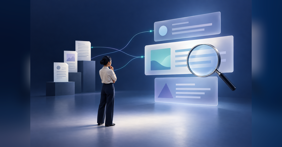 Conceptual illustration of an analyst reviewing generative AI brand descriptions and their supporting sources