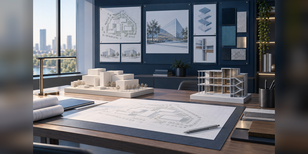 Engineering project models and portfolio documents on a planning desk