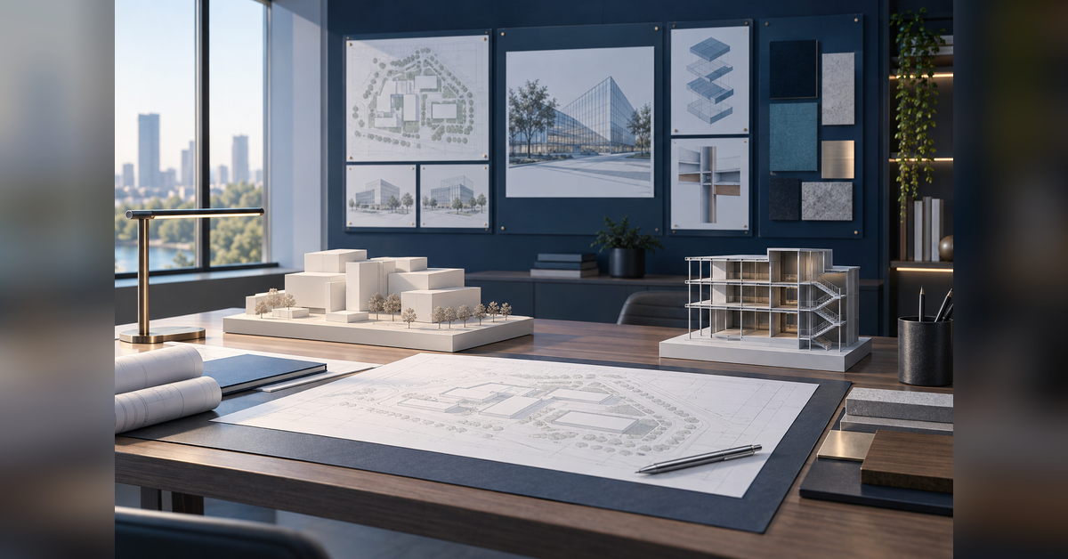 Engineering project models and portfolio documents on a planning desk