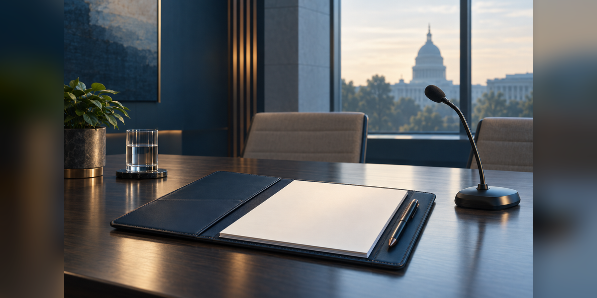 Microphone and document folio illustrating responsible government contractor public relations