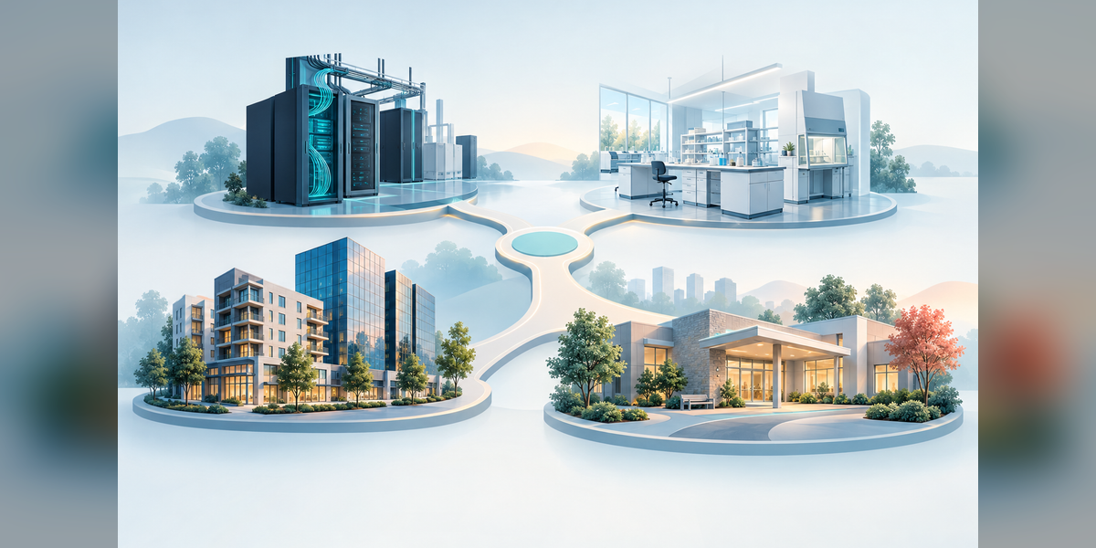 Industry-specific marketing illustrated through infrastructure, life sciences, real estate, and rehabilitation environments