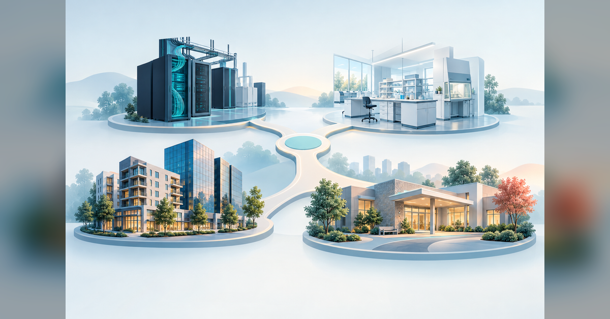 Industry-specific marketing illustrated through infrastructure, life sciences, real estate, and rehabilitation environments