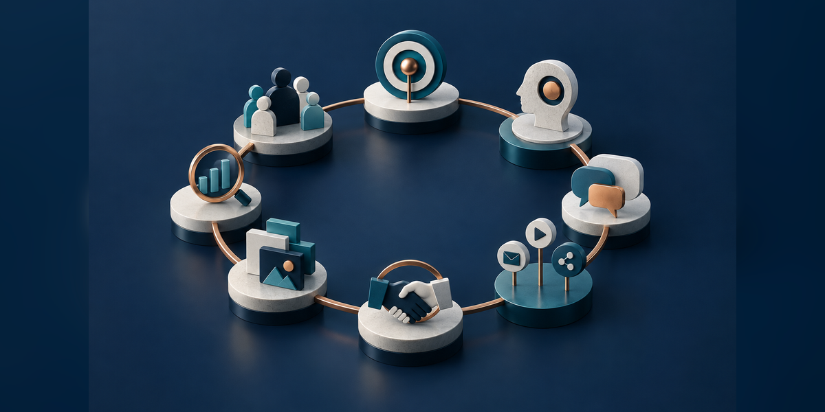 Eight connected abstract stations representing an integrated marketing strategy development process