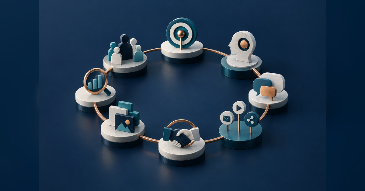 Eight connected abstract stations representing an integrated marketing strategy development process