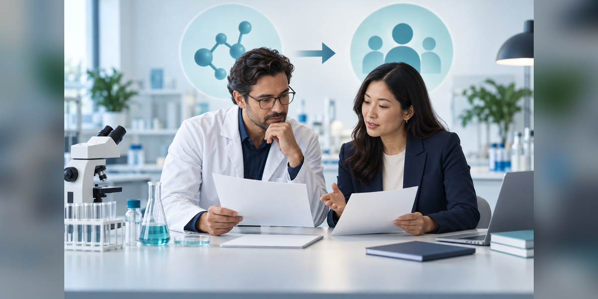 Science digital PR concept showing a researcher and communications professional reviewing source documents beside laboratory equipment