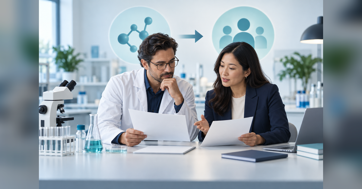 Science digital PR concept showing a researcher and communications professional reviewing source documents beside laboratory equipment