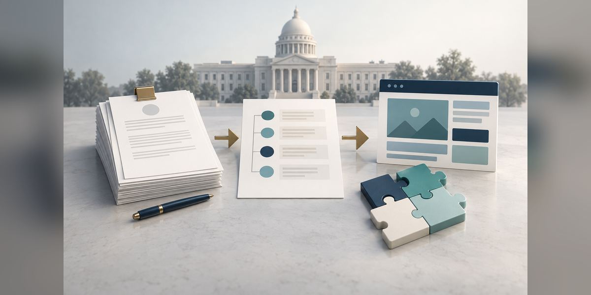 Conceptual illustration of government marketing contracts with blank scope documents and coordinated digital delivery components