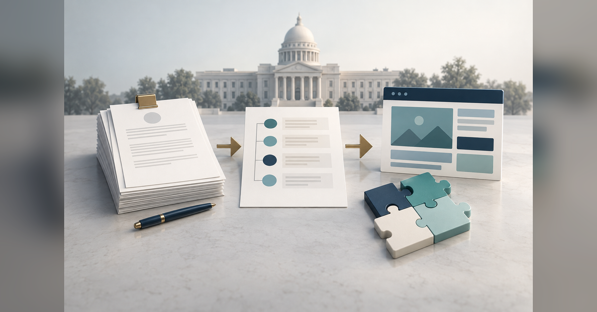 Conceptual illustration of government marketing contracts with blank scope documents and coordinated digital delivery components