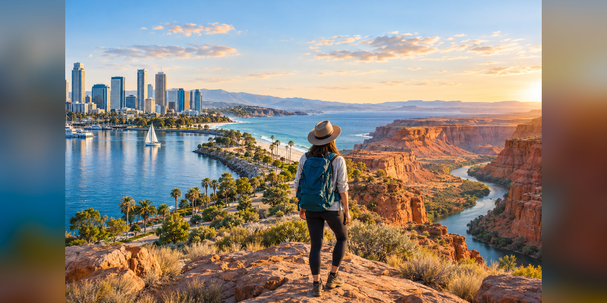Conceptual U.S. city, coastal and canyon landscapes for international travel planning