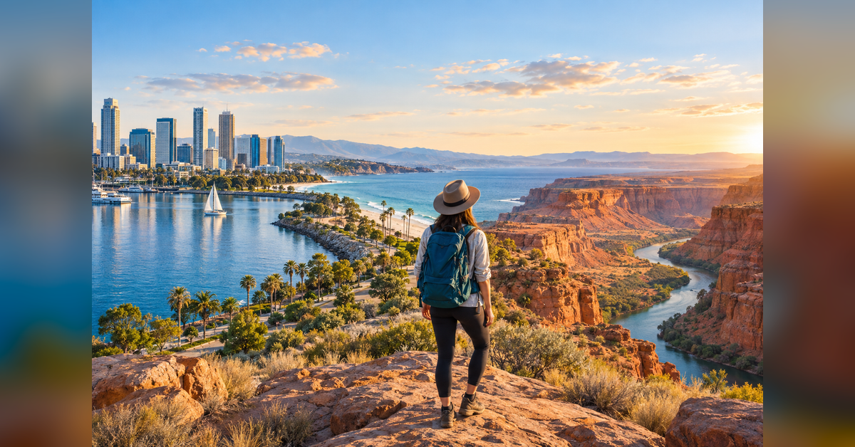 Conceptual U.S. city, coastal and canyon landscapes for international travel planning