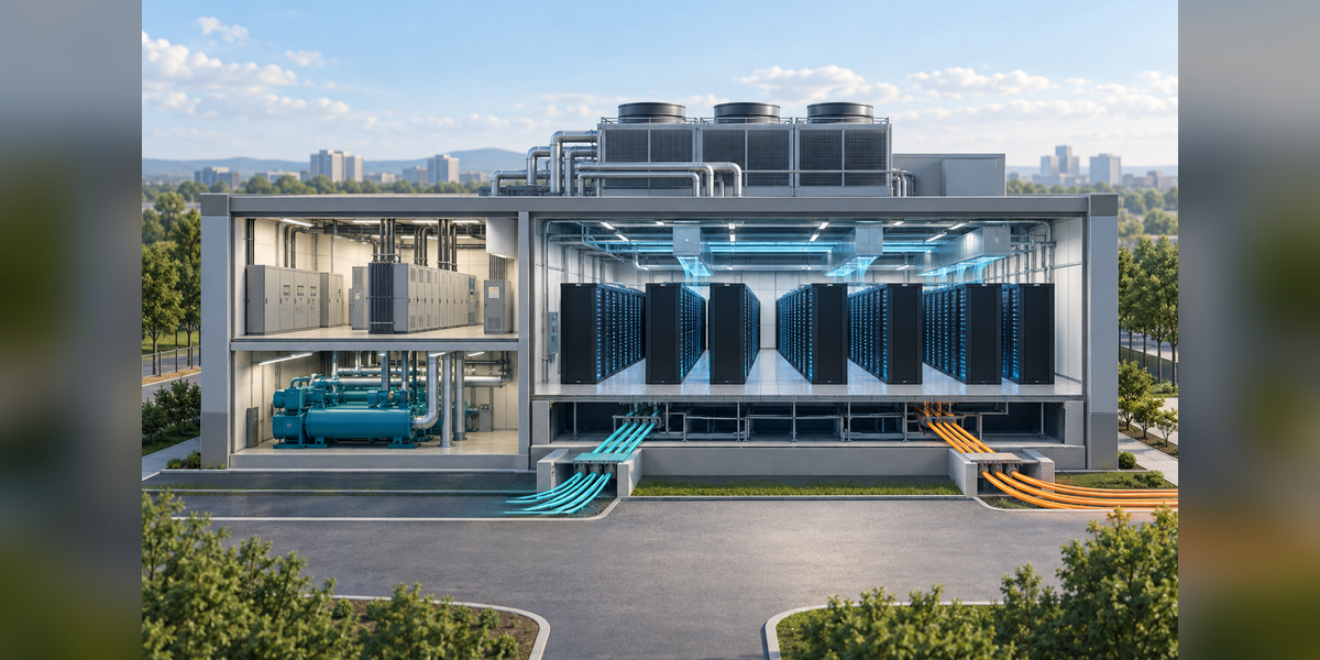 Conceptual data-center cutaway showing server racks, electrical equipment, cooling equipment and separate fiber approaches