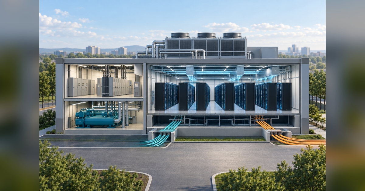 Conceptual data-center cutaway showing server racks, electrical equipment, cooling equipment and separate fiber approaches
