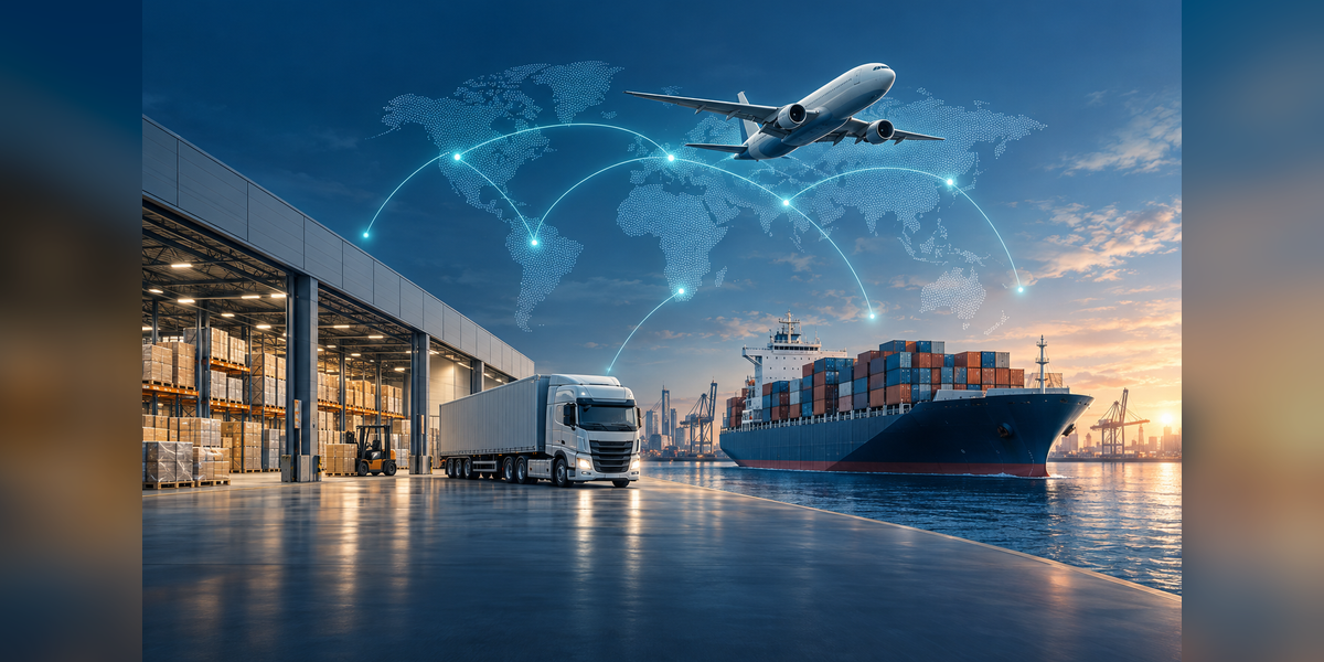 Conceptual logistics network connecting a warehouse, freight truck, cargo ship and aircraft.