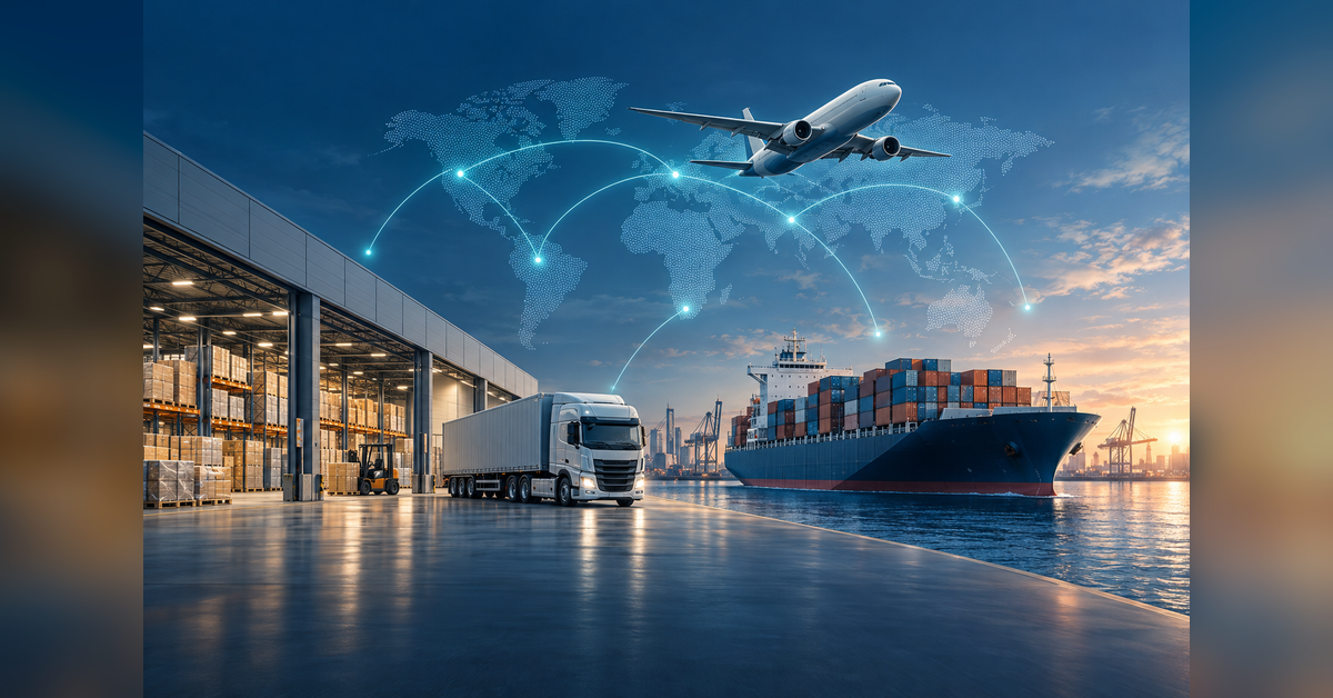 Conceptual logistics network connecting a warehouse, freight truck, cargo ship and aircraft.