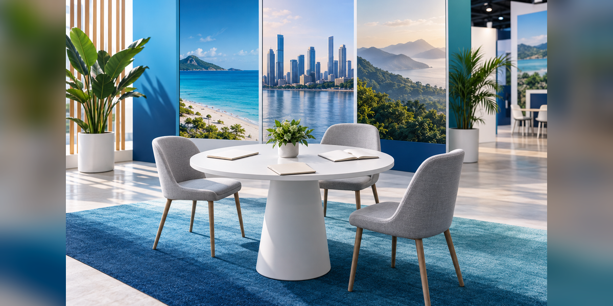 Conceptual exhibition meeting area with notebooks and destination-inspired panels for travel trade planning
