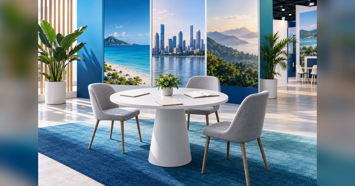 Conceptual exhibition meeting area with notebooks and destination-inspired panels for travel trade planning