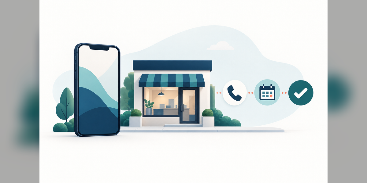Conceptual illustration connecting a local business website with phone inquiries, appointments and completed work