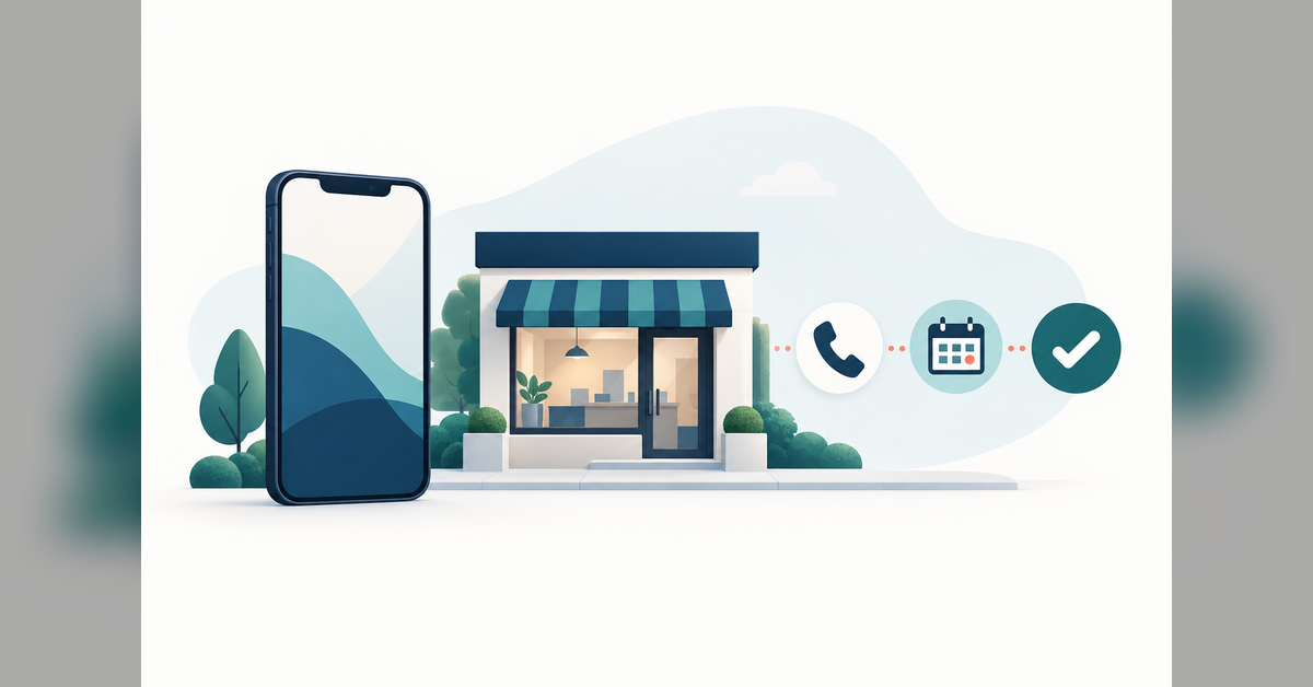 Conceptual illustration connecting a local business website with phone inquiries, appointments and completed work
