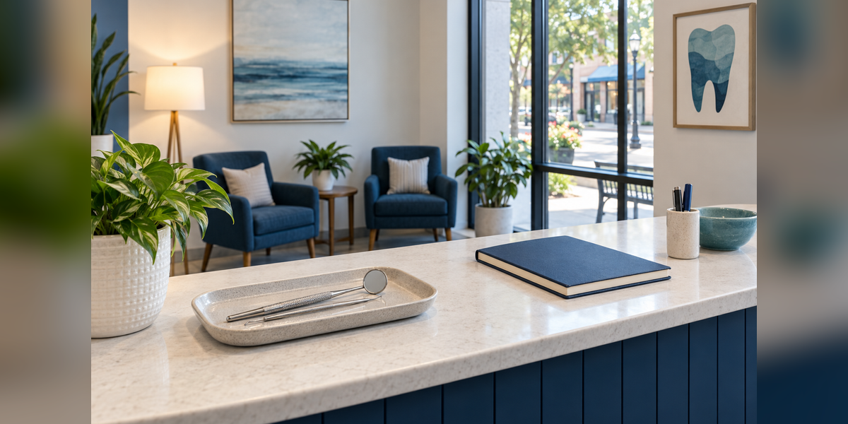 Organized reception area in a small dental practice with a dental mirror and appointment notebook
