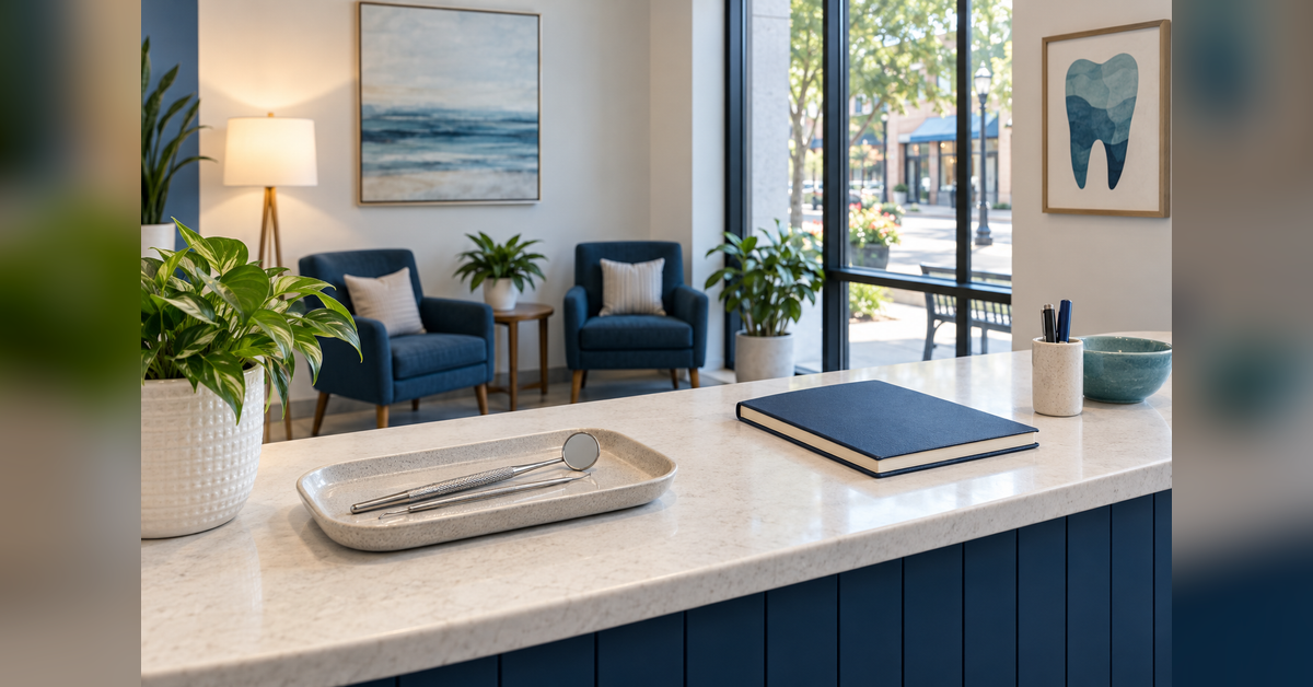 Organized reception area in a small dental practice with a dental mirror and appointment notebook