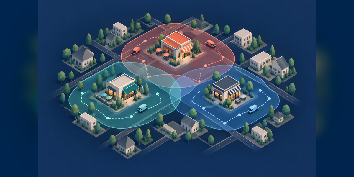 Three restaurant locations with overlapping trade areas and distinct delivery routes