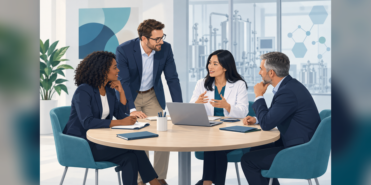 Conceptual illustration of life-sciences professionals planning meetings for the ISPE Europe Annual Conference 2027