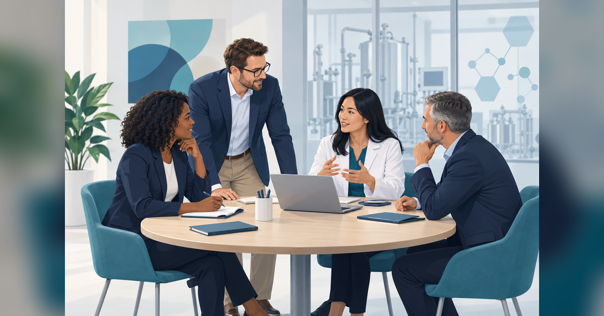 Conceptual illustration of life-sciences professionals planning meetings for the ISPE Europe Annual Conference 2027