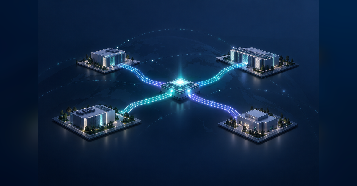 Conceptual fiber paths connecting distributed AI compute and data-center nodes