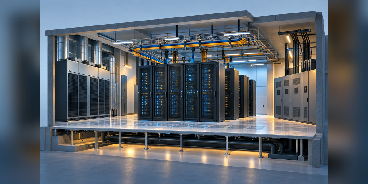 Conceptual data center interior showing server racks, power distribution, cabling and cooling infrastructure
