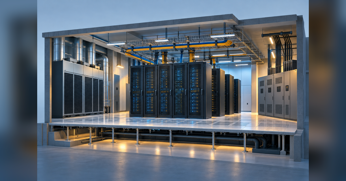 Conceptual data center interior showing server racks, power distribution, cabling and cooling infrastructure