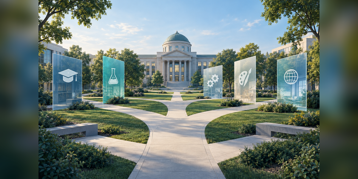 Conceptual college campus with connected pathways representing student program discovery