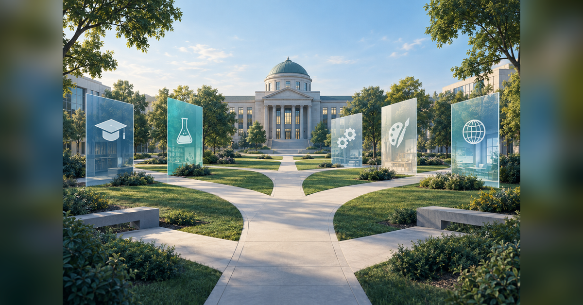 Conceptual college campus with connected pathways representing student program discovery