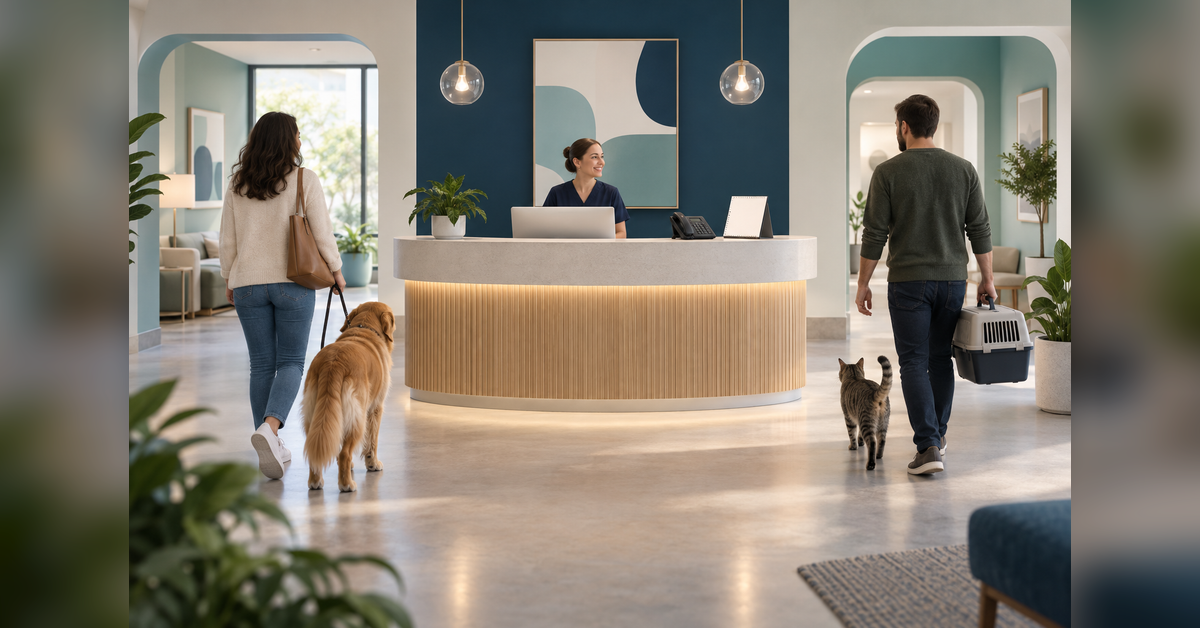 Conceptual veterinary reception with a telephone and appointment book representing different inquiry journeys