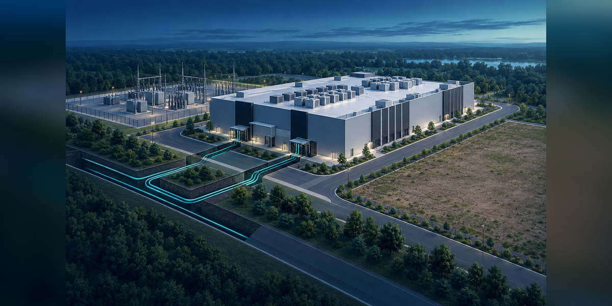Conceptual powered shell data center with an electrical service yard and fiber connections