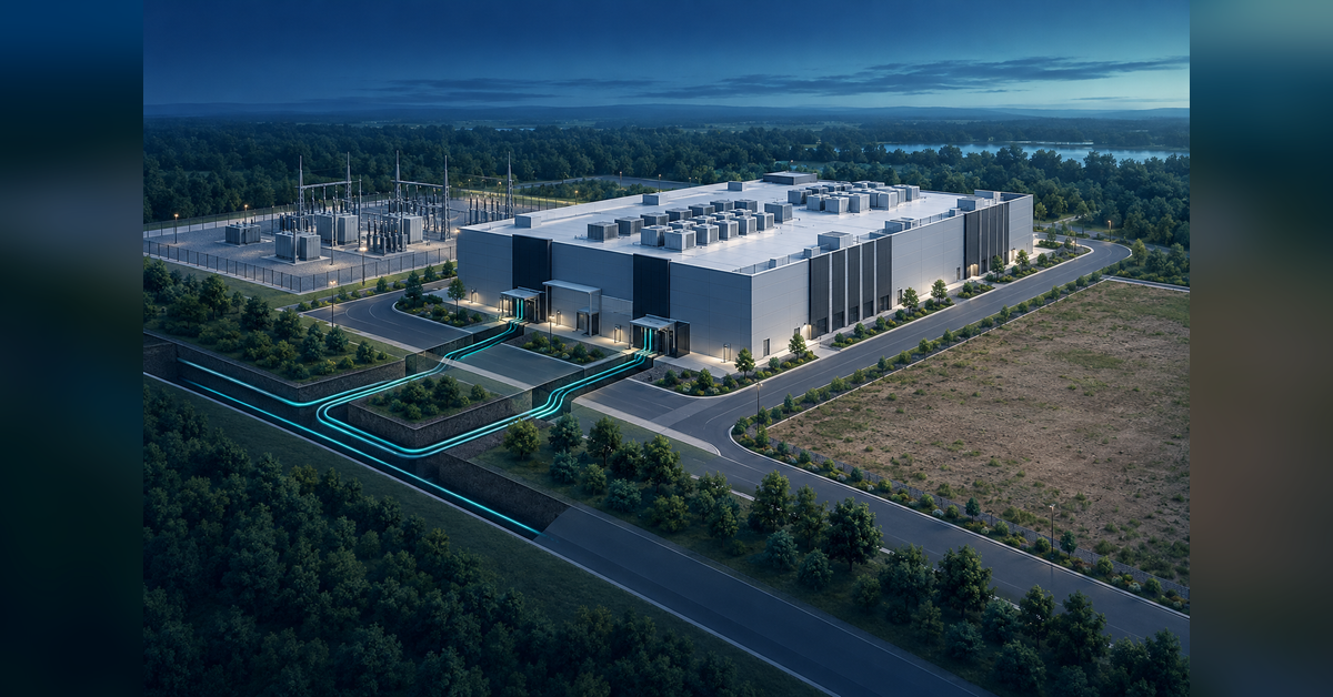 Conceptual powered shell data center with an electrical service yard and fiber connections