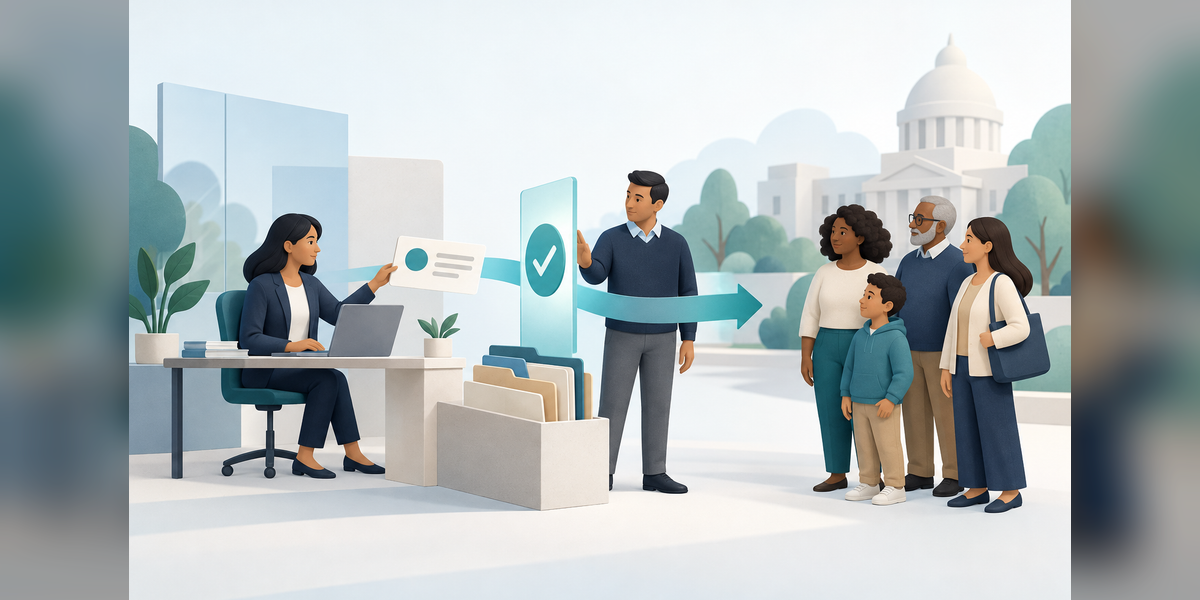 Conceptual government marketing automation illustration showing resident messages passing through a human approval gate.