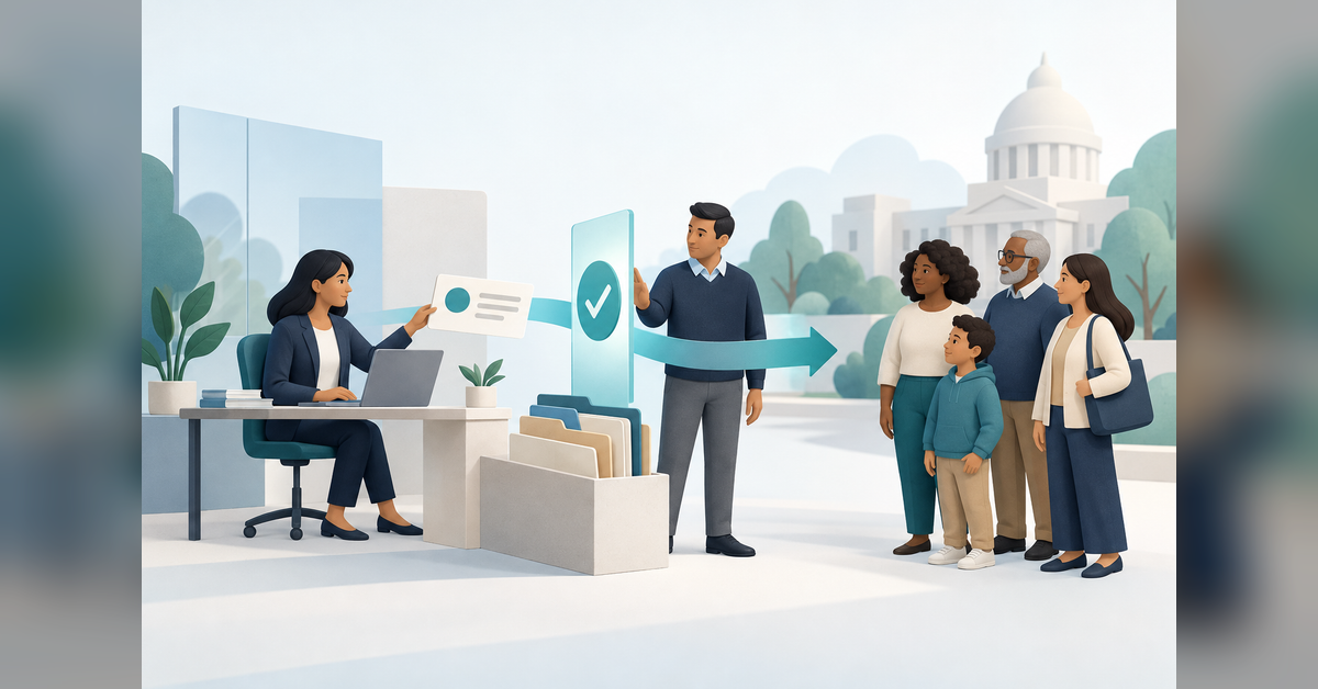 Conceptual government marketing automation illustration showing resident messages passing through a human approval gate.