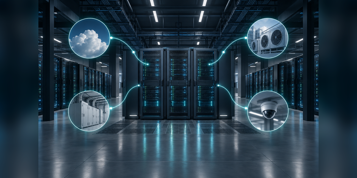 Conceptual illustration of AI visibility for data center companies and physical network connections