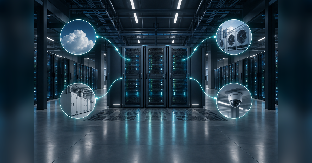 Conceptual illustration of AI visibility for data center companies and physical network connections